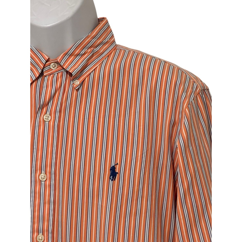Ralph Lauren Mens Shirt Multi Stripe Orange Custom Fit Long Sleeve Pony L